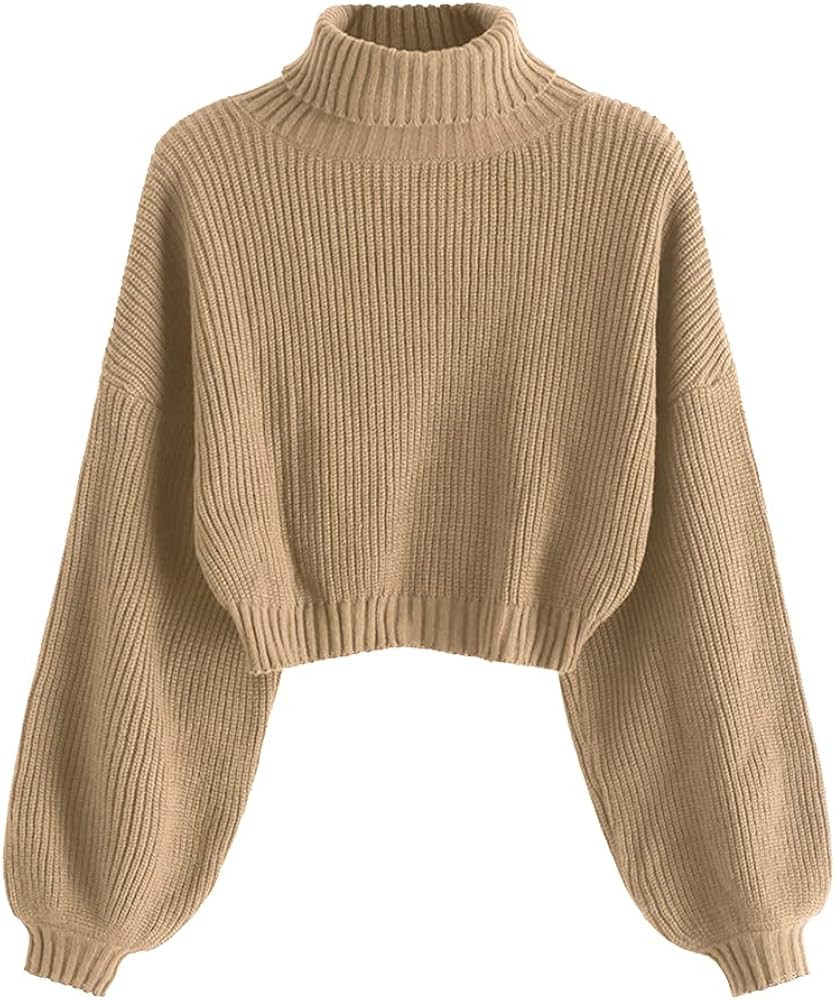 ZAFUL Women's High Neck Lantern Sleeve Ribbed Knit Pullover Crop Sweater Jumper | Amazon (US)