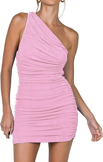 Amazon.com: LYANER Women's Sexy One Shoulder Ruched Sleeveless Bodycon Mini Short Dress White Sma... | Amazon (US)