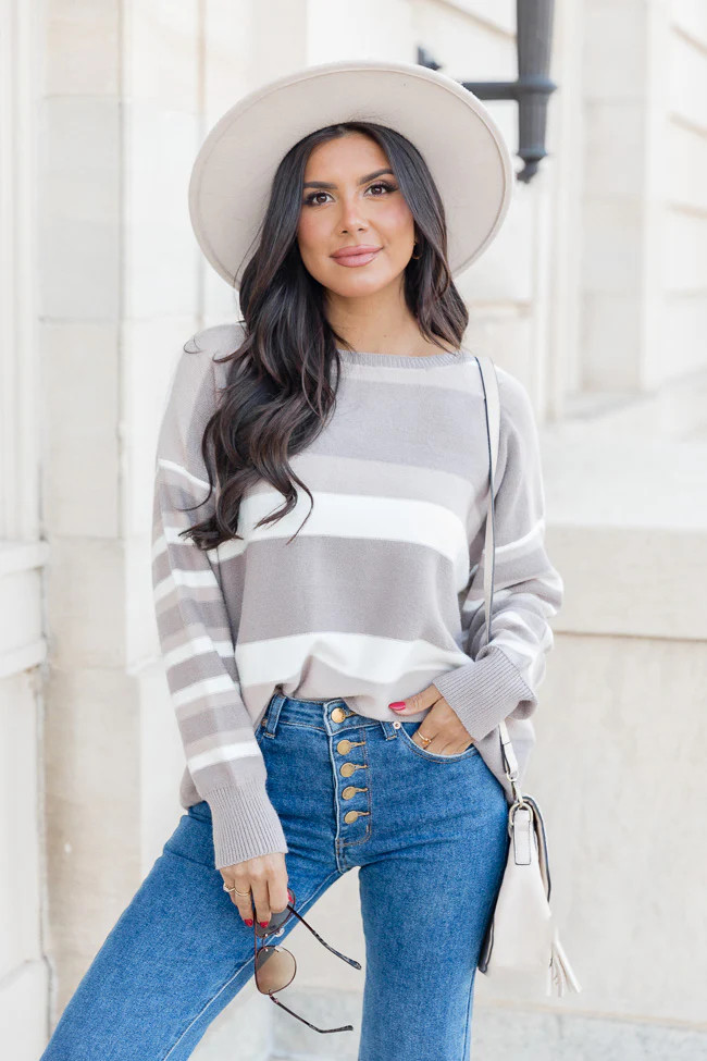 Everyone Talks Taupe Striped Oversized Sweater | Pink Lily