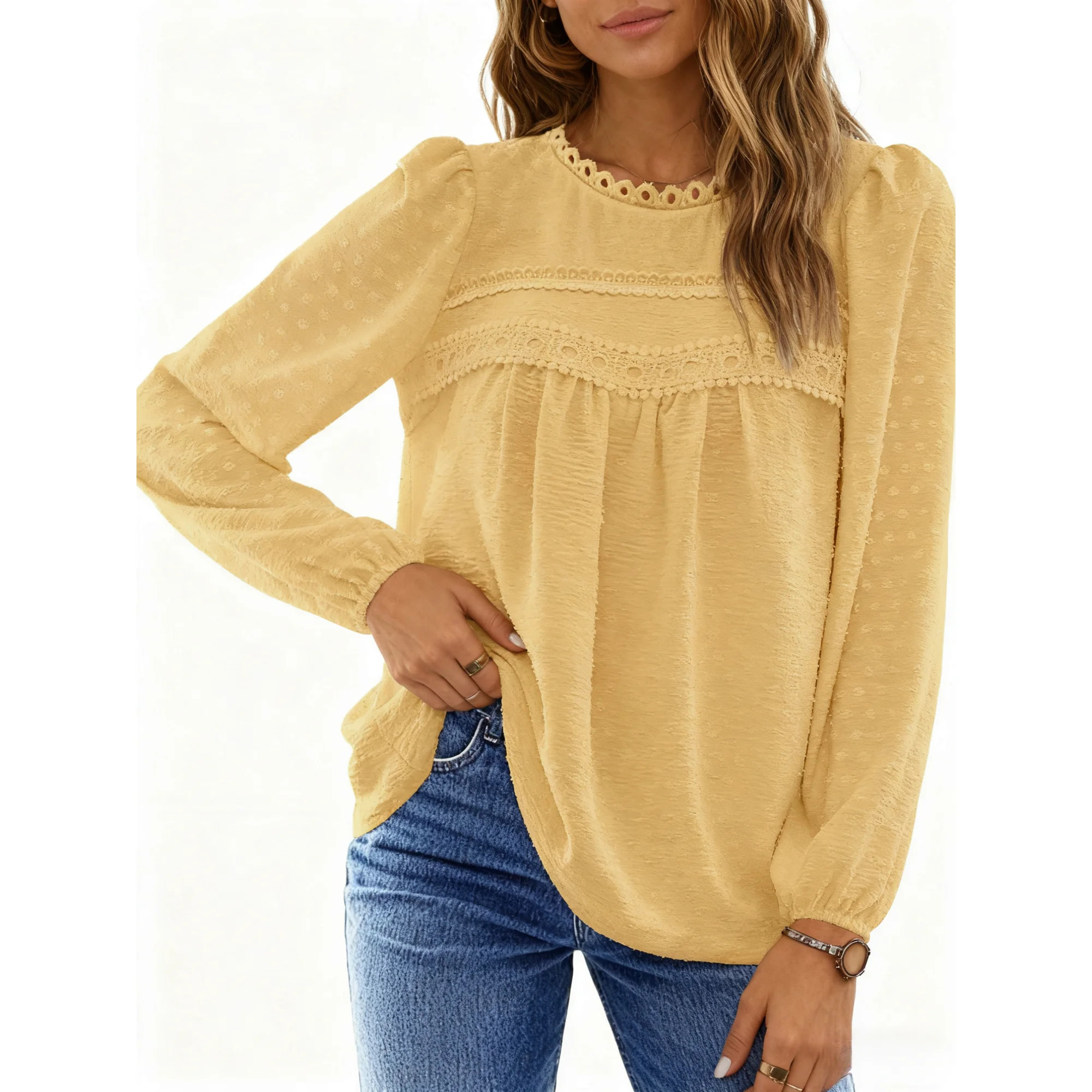 UVN Fall Shirts for Women Long Sleeve Blouses Ladies Crewneck Lace Crochet Tops Dressy Chiffon Bl... | Walmart (US)