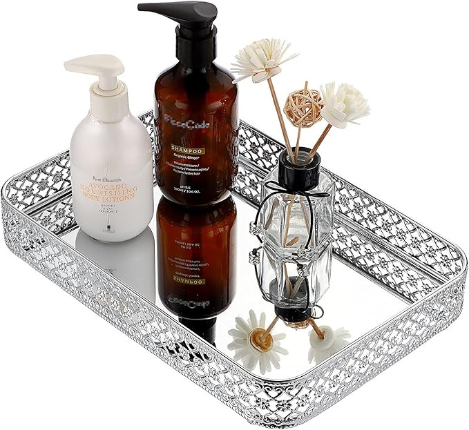 ELLDOO Perfume Tray Mirror Tray Vanity Makeup Hollow-Carved Jewelry Tray Glass Metal Trinket Stor... | Amazon (US)