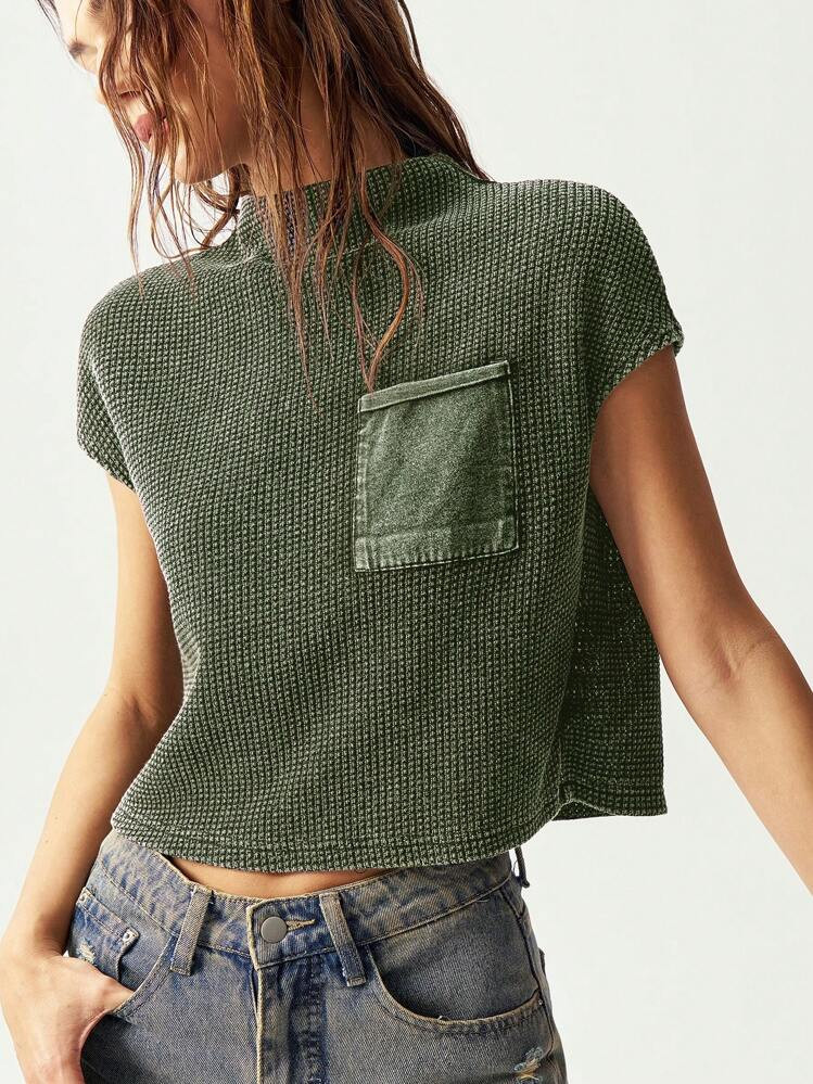 Bohemela Boho Women's Casual Solid Color Knit Mock Neck Short Sleeve Fitted Wash T-Shirt | SHEIN