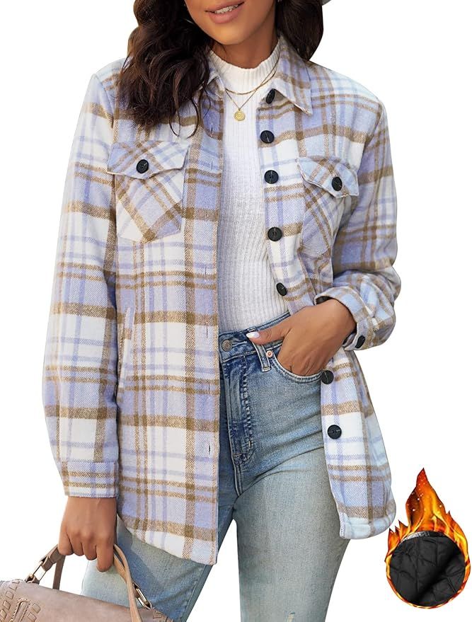 luvamia Plaid Jackets for Women Flannel Quilted Shacket Coats Oversized Button Down Shirts Jacket | Amazon (US)