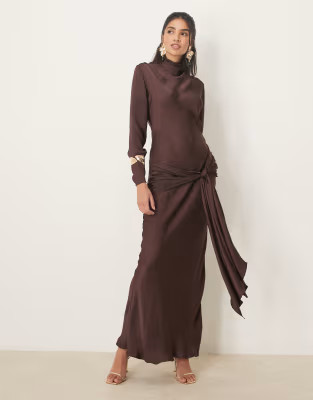 ASOS DESIGN long sleeve satin tie front maxi dress in chocolate | ASOS | ASOS (Global)