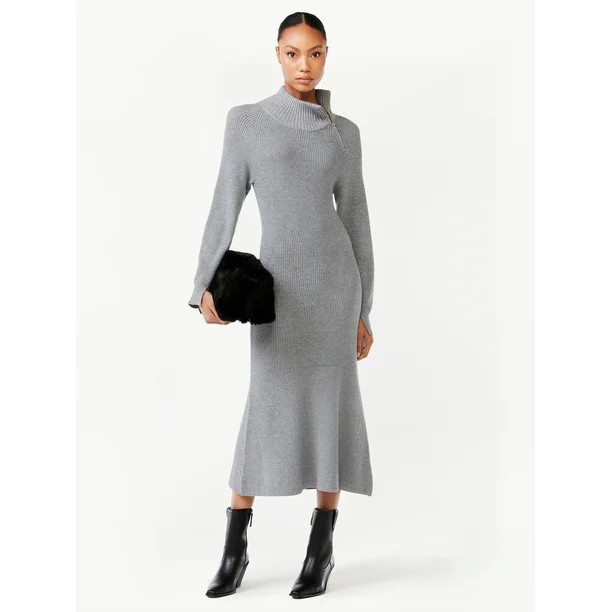 Scoop Women's Ribbed Sweater Dress with Zip Turtleneck - Walmart.com | Walmart (US)