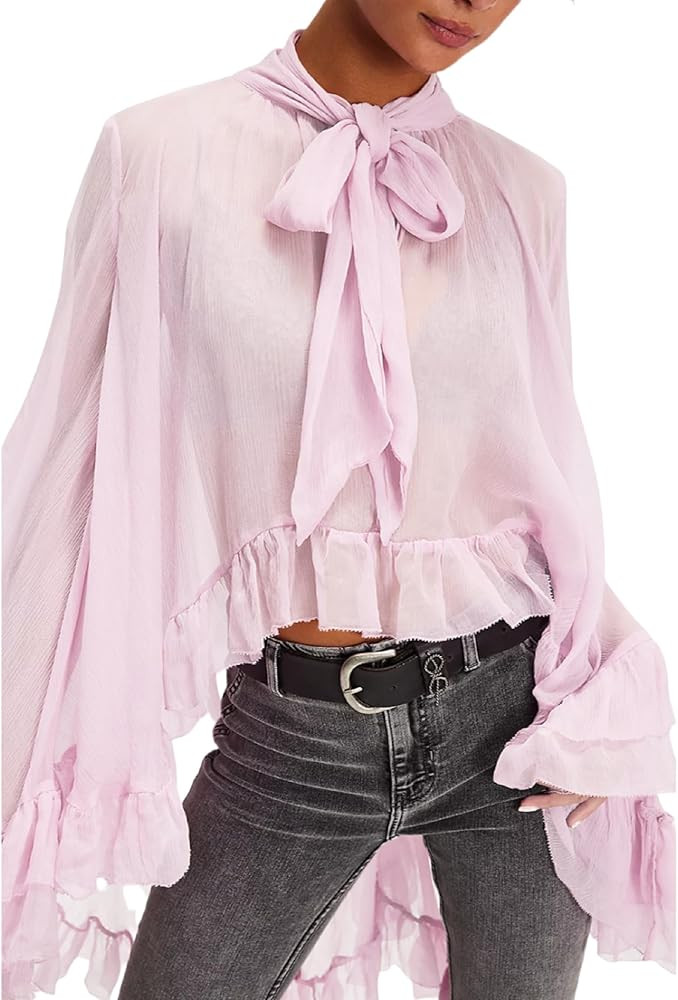 Seyumixi Blusa de malla transparente para mujer, manga larga acampanada, dobladillo alto y bajo, ... | Amazon (US)