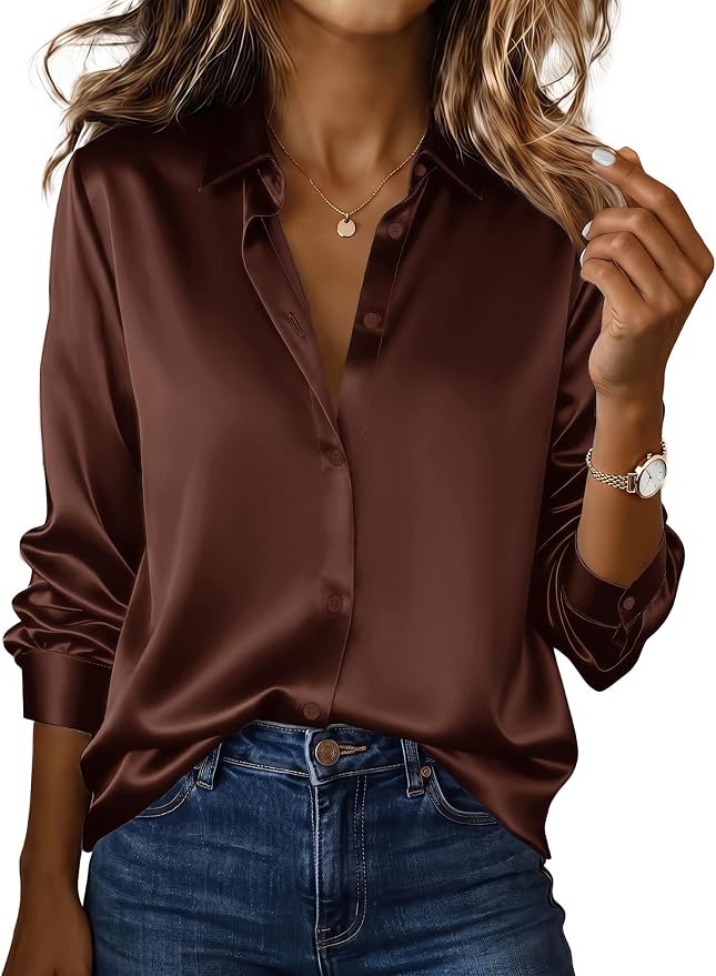 Zeagoo Womens Satin Shirt Silk Button Down Blouses Long Sleeve Loose Tops | Amazon (US)