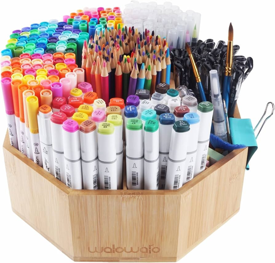 walowalo XXL Bamboo Rotating Art Supply Organizer Holds 800+ Pencils Spinning Crayon Marker Pen H... | Amazon (US)