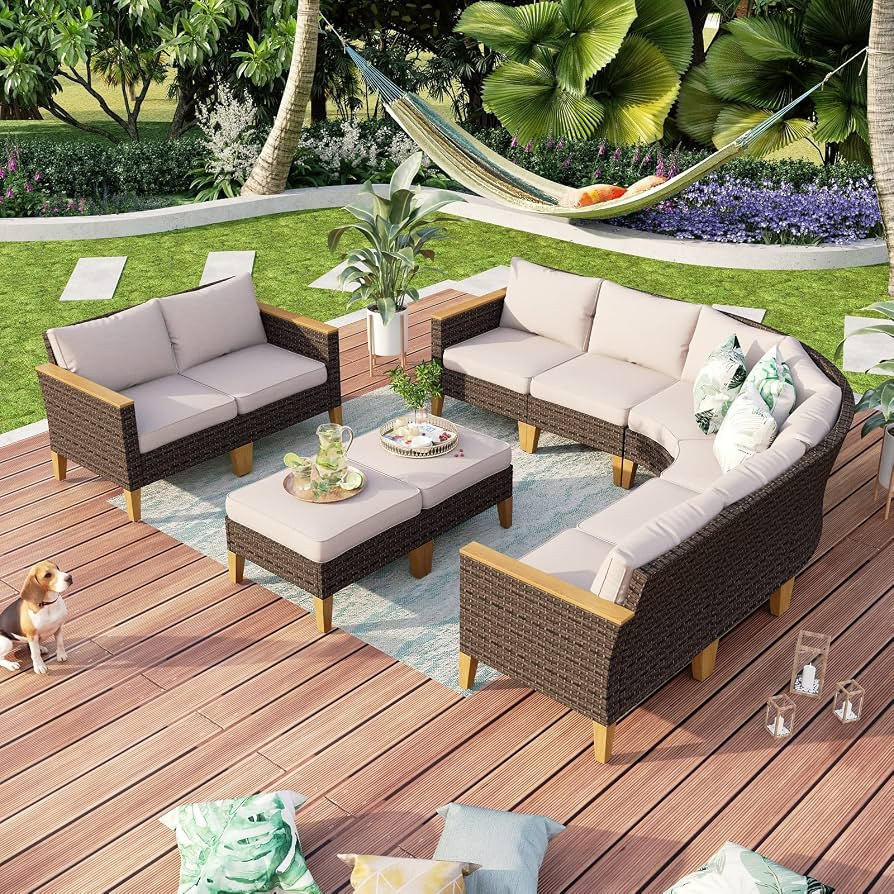 MFSTUDIO 10 Pieces Wicker Patio Furniture Set, All-Weather Rattan Outdoor Half-Moon Curved Sectio... | Amazon (US)