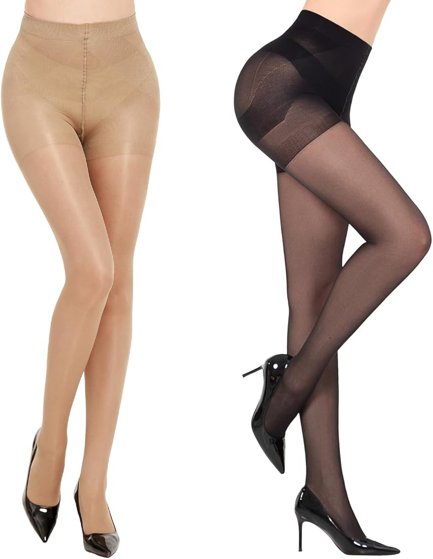 2 Pairs Control Top Pantyhose for Women, 40 Deneier Sheer Tights Tummy Control Stockings with Rip... | Amazon (US)