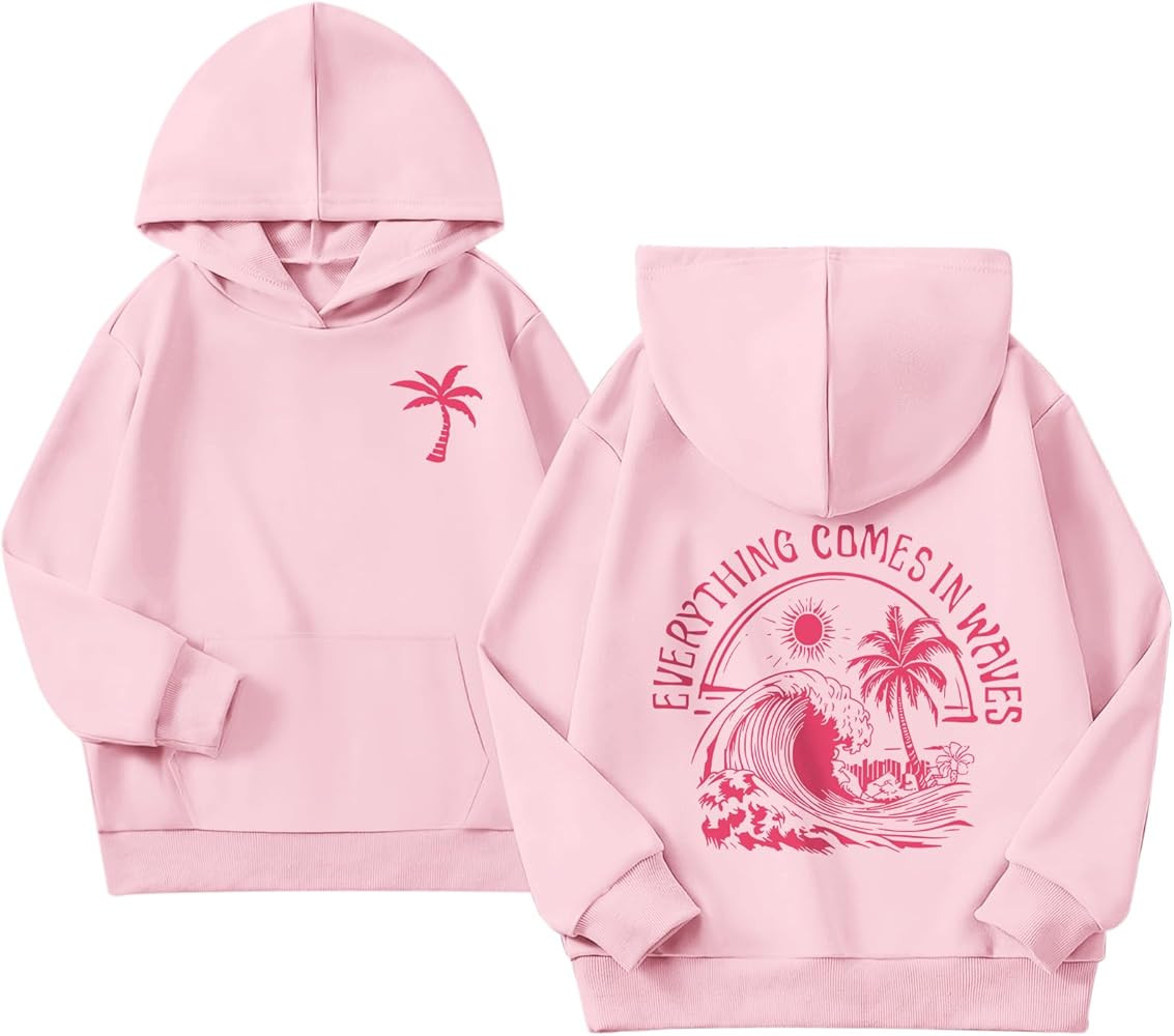 KIEKIECOO Girls Palm Graphic Hoodie Beach Cute Hoodies With Pocket Kids Preppy Sweatshirt Ocean P... | Amazon (US)