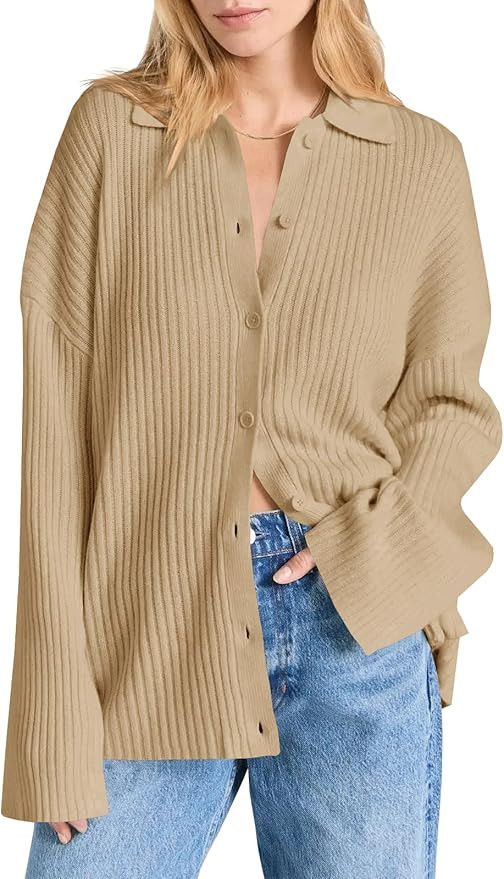 Danedvi Womens Collared Cardigan Sweaters Oversized Ribbed Knit Open Front Button Up Bell Sleeve ... | Amazon (US)