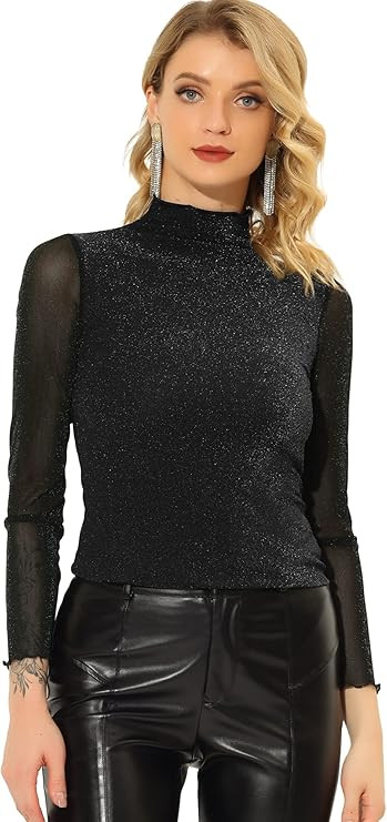Allegra K Women's Mesh Sheer Party Top Shiny Slim Long Sleeve Mock Neck Blouse | Amazon (US)