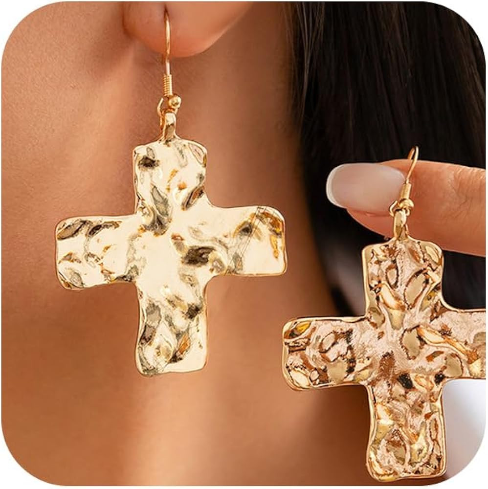 Chunky Gold Big Hammered Cross Drop Dangle Earrings for Women Trendy, Bold Thick Large Silver Cro... | Amazon (US)