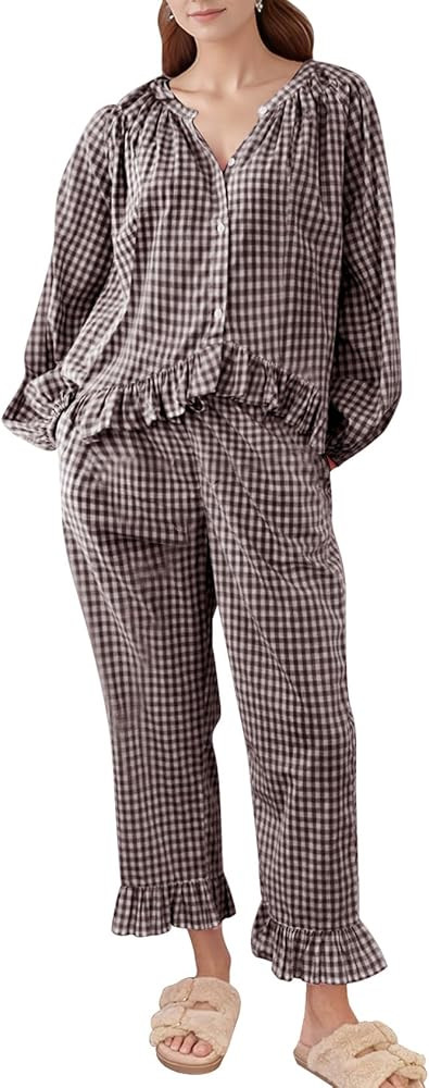 COZYPOIN Womens Plaid 2 Piece Pajamas Sets Cotton Gingham Puff Long Sleeve Babydoll Shirt Ruffle ... | Amazon (US)