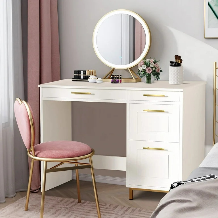 DreamCurship White and Gold Desk with Drawers, Office Desk with Storage, 43" Small White Desk for... | Walmart (US)