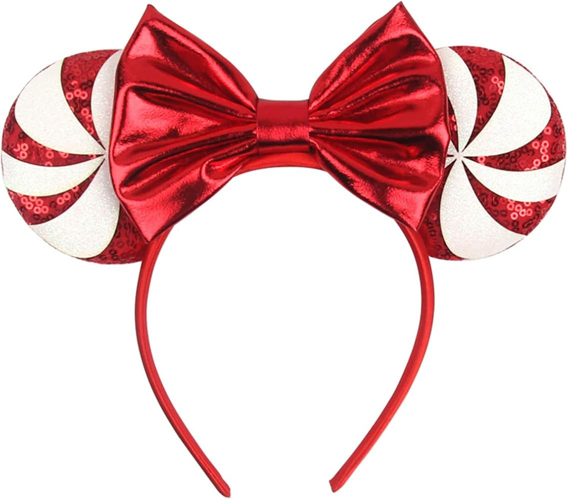 Christmas Mouse Ears Headband Peppermint Snowflakes Hairband Sequin Bow Hair Hoop Headpiece for P... | Amazon (US)