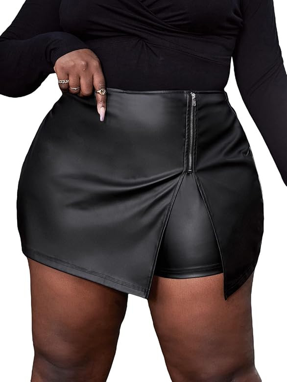 MakeMeChic Women's Plus Size Faux Leather Shorts Zipper Front Split PU Leather Skorts | Amazon (US)