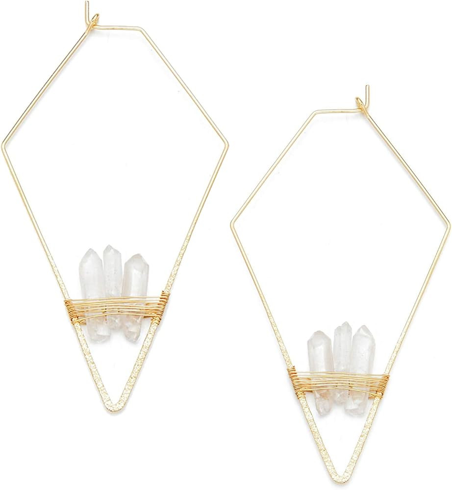 Geometric Triangle Raw Quartz Crystals Hoops Dangle Earrings for Women Gold Rhombus Minimalistic Jew | Amazon (US)