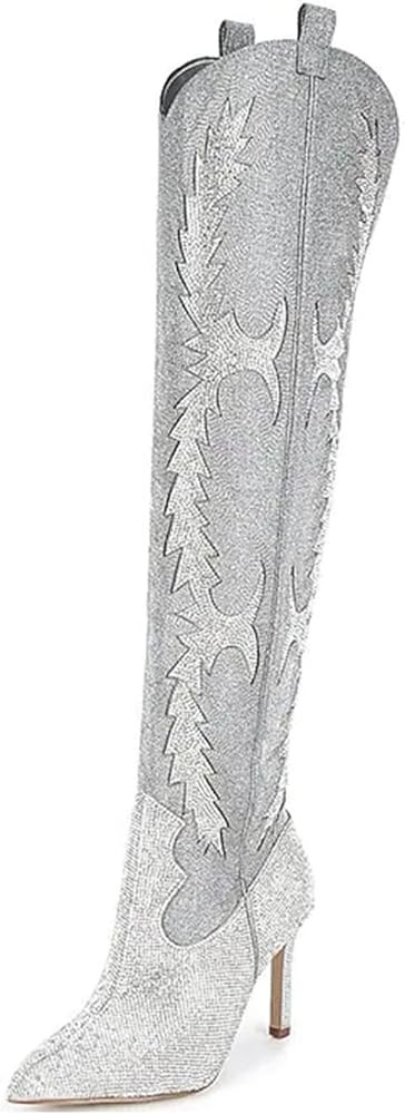 Women's Cowboy Boots Cowgirl Thigh High Boots Western Rhinestones Boots Pointed Toe High Heel 8cm... | Amazon (US)