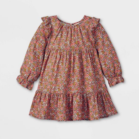 Toddler Girls' Floral Ruffle Long Sleeve Dress - Cat & Jack™ Brown | Target
