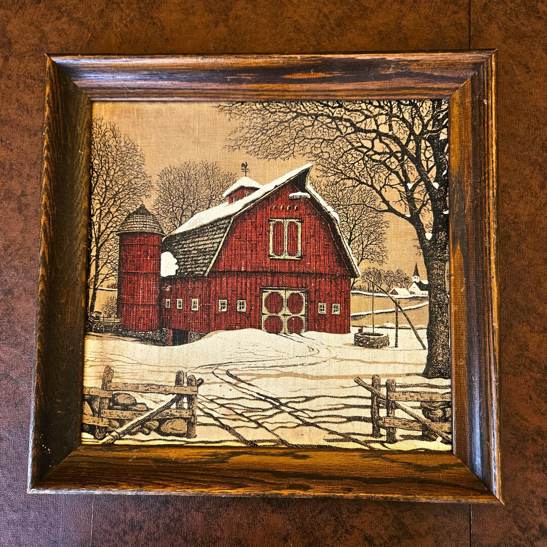 Framed Kay Dee Linen Print, Red Barn & Silo in Winter, Red, White, Black, Beige 16 X 16 Artist R ... | Etsy (US)