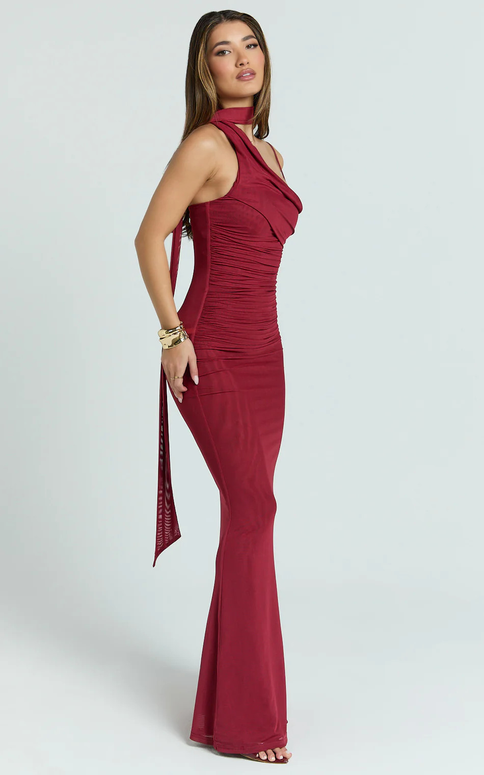 Larson Maxi Dress - Asymmetric Tie Neck Column Dress in Wine | Showpo (US, UK & Europe)