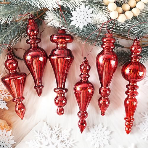Mercury Glass Christmas Tree Decorations, 6 Pcs Hanging Finial Ornaments, Vintage Decorative Glass Ornaments for Christmas Tree Winter Wonderland Wedding Baby Shower Party Holiday Decor, Red | Amazon (US)