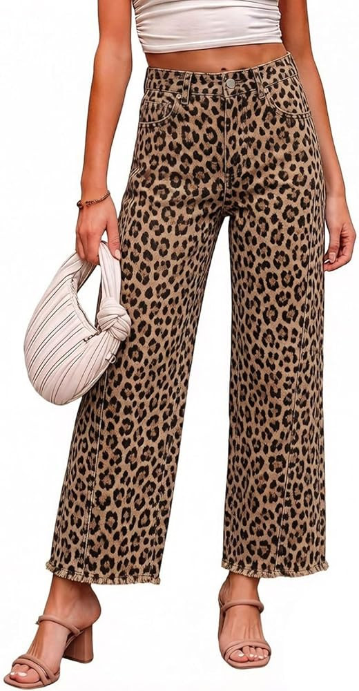 CHARTOU Women High Waisted Wide Leg Jeans Casual Stretchy Raw Hem Cropped Denim Pants | Amazon (US)