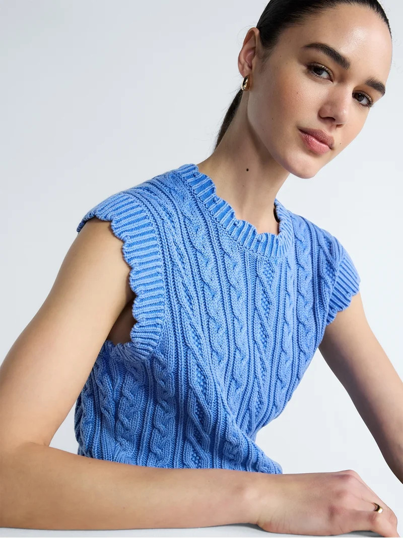 Free Assembly Women's Scalloped Cable Knit Cotton Vest, Sizes XS-XXL | Walmart (US)