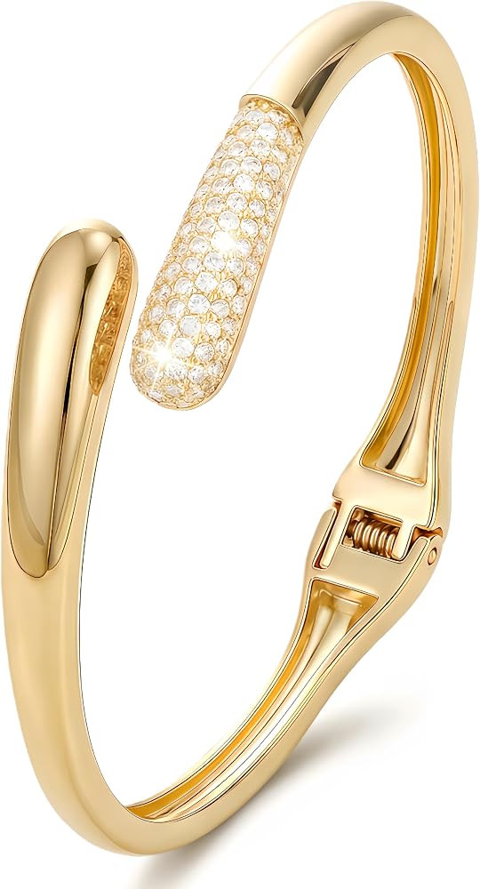 Gold Cuff Bracelets for Women, 14K Gold Plated Open Cuff Bangle Bracelet with CZ Pave, Minimalist... | Amazon (US)