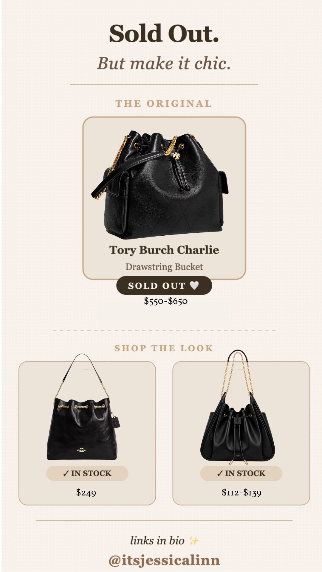 The viral Tory Burch Charlie drawstring bag may be sold out, but here are some stunning similar styles that are in stock (and more affordable)!

Coach outlet Evelyn 
Jw Pei Rowan