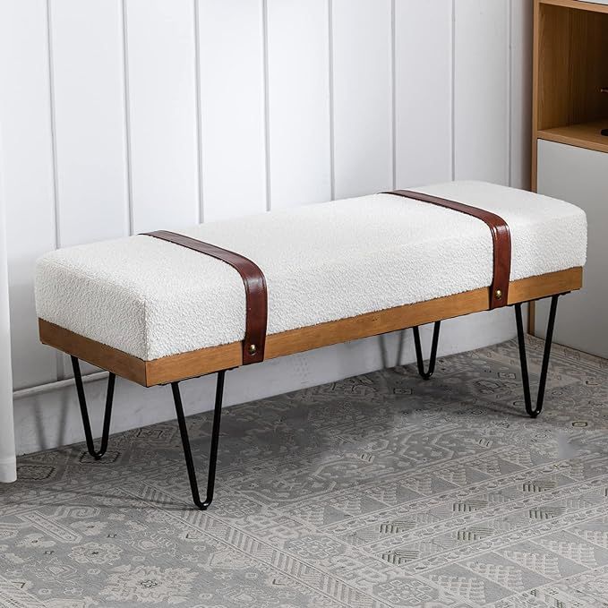 DUOMAY Industrial Modern Rectangle Ottoman Bench with PU Strap and Metal Legs, Mid Century Sherpa... | Amazon (US)