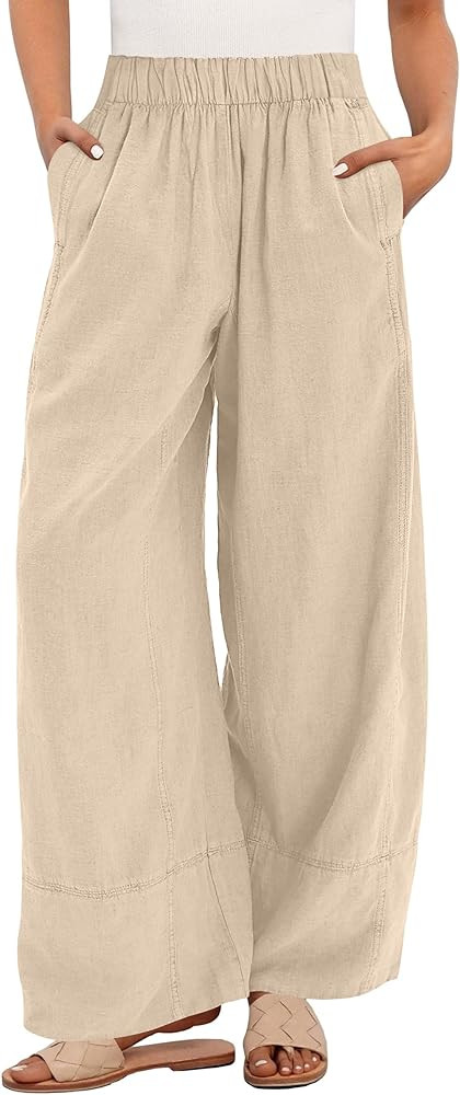 ANRABESS Women's Wide Leg Linen Pants Summer Boho Casual Elastic Waist Long Lounge Travel Pants T... | Amazon (US)