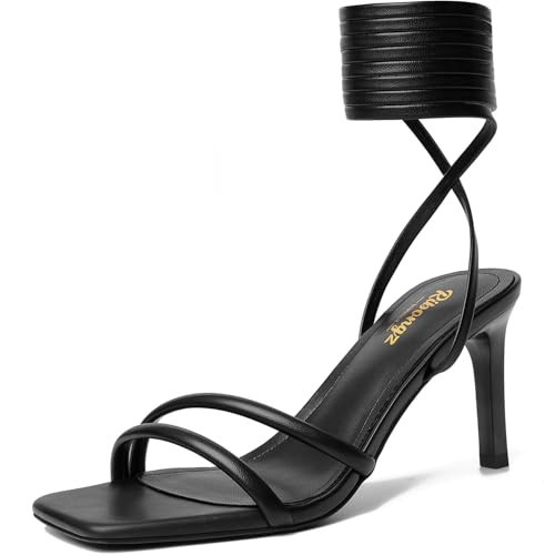 RIBONGZ Black Strappy Heels for Women Square Open Toe Tie Up Sandals Ankle Strap Lace Up Stiletto High Heels Sexy for Wedding Prom Party Comfort Dress Shoes 11 | Amazon (US)