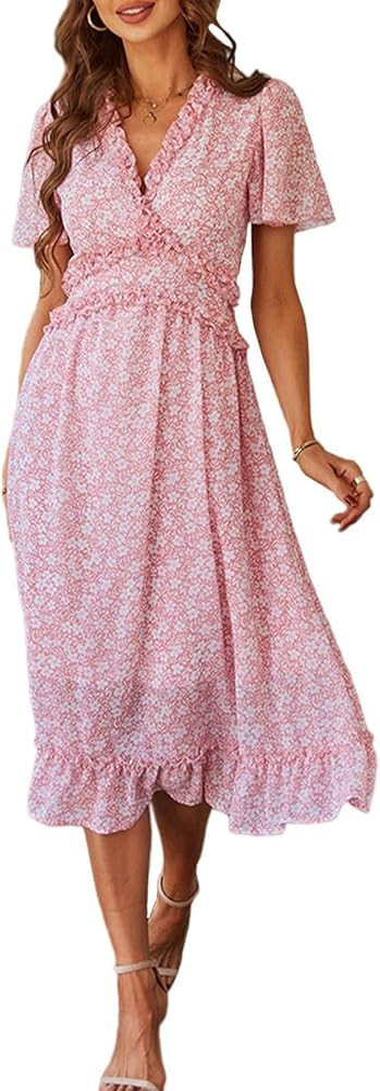 Linsery Women's Boho V Neck Puff Sleeve Ruffle Chiffion Flowy Long Dress | Amazon (US)