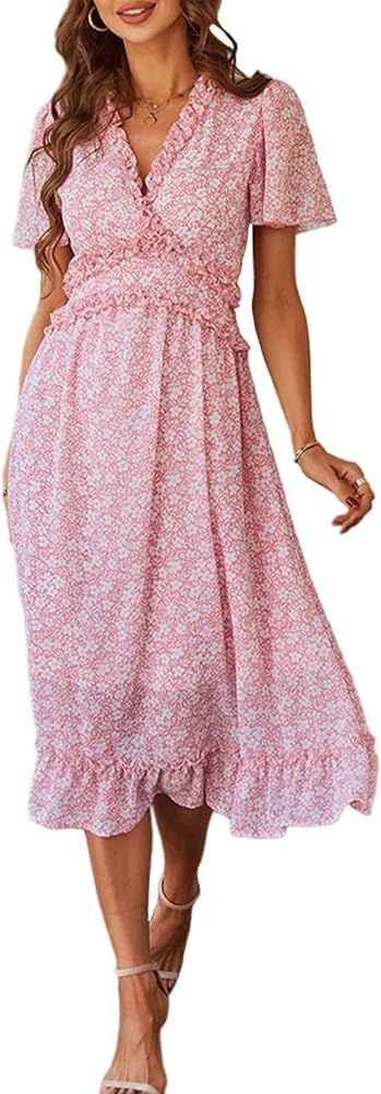 Linsery Women's Boho V Neck Puff Sleeve Ruffle Chiffion Flowy Long Dress | Amazon (US)