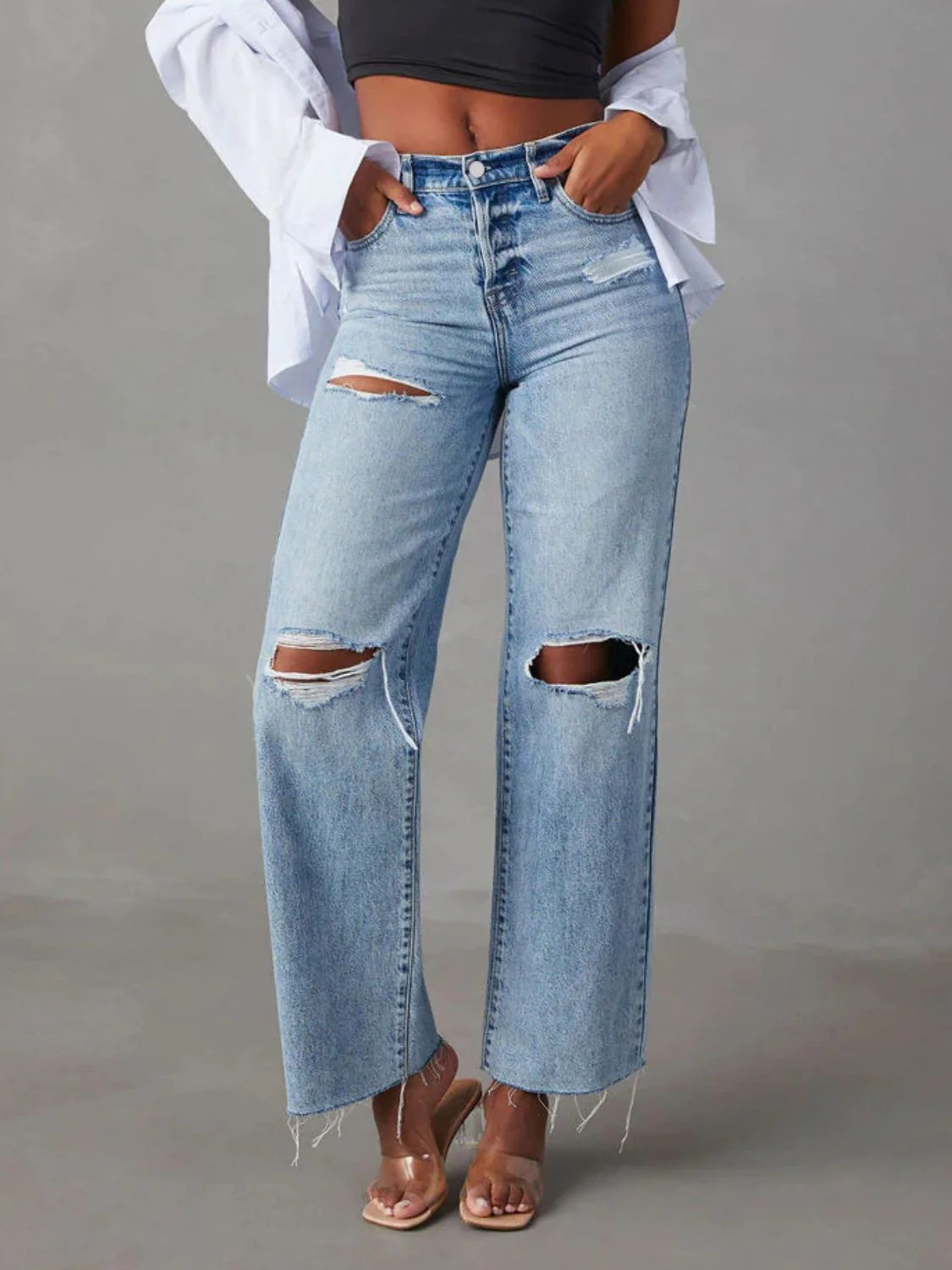 Distressed Straight Leg Jeans with Pockets M | Casual Chic Boutique
