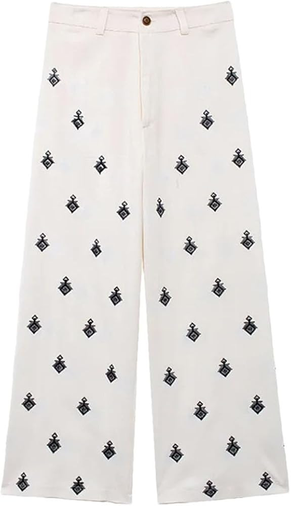 Women's Embroidery Short-Sleeved Shirt Top High-Waisted Wide-Leg Pants Set Suit Blouse Trousers Two-Piece Set | Amazon (US)