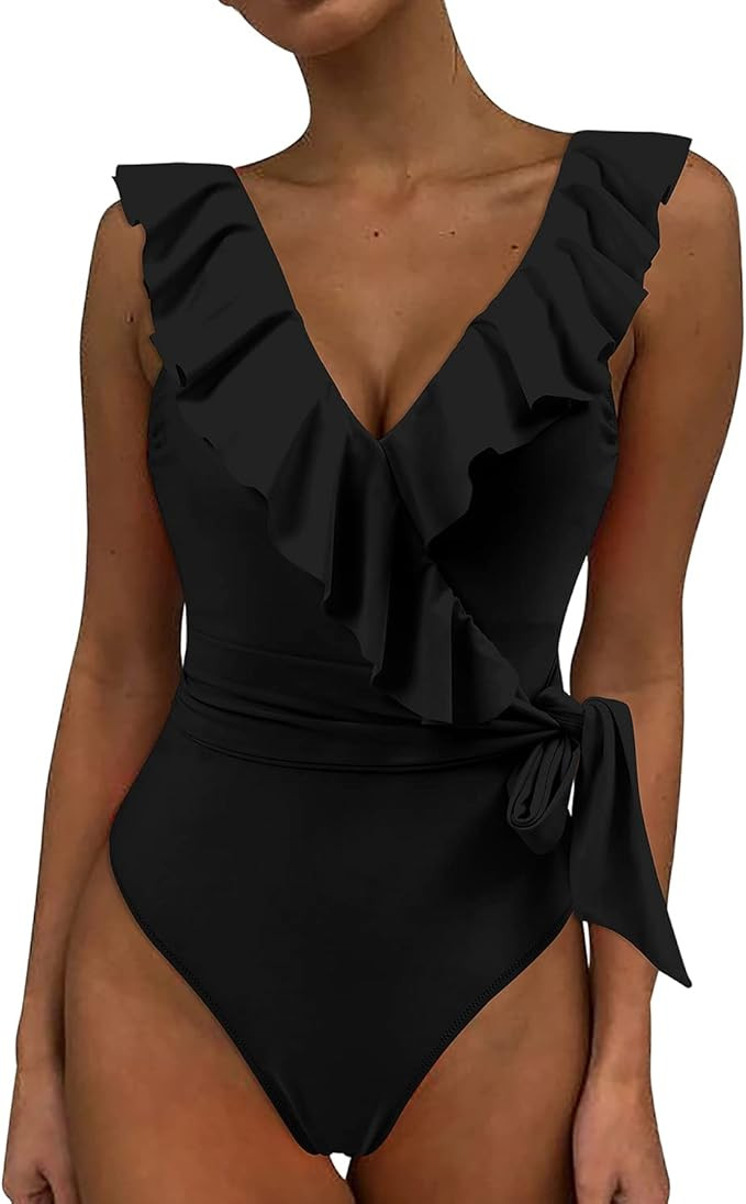 DOULAFASS Women One Piece Swimsuit V Neck Ruffle Tummy Control Monokini Bathing Suit | Amazon (US)