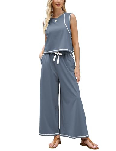 Ynhonra Women’s 2 Piece Lounge Set – Relaxed Tank Top & Wide Leg Pants with Contrast Stitching Y2K Outfits(Bluegrey-XL) | Amazon (US)