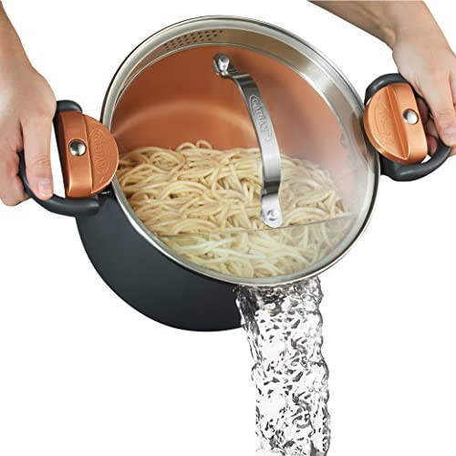 Gotham Steel 5 Quart Stock Pot Multipurpose Pasta Pot with Strainer Lid & Twist and Lock Handles, Nonstick Ceramic Surface Makes for Effortless Cleanup with Tempered Glass Lid, Dishwasher Safe | Amazon (US)