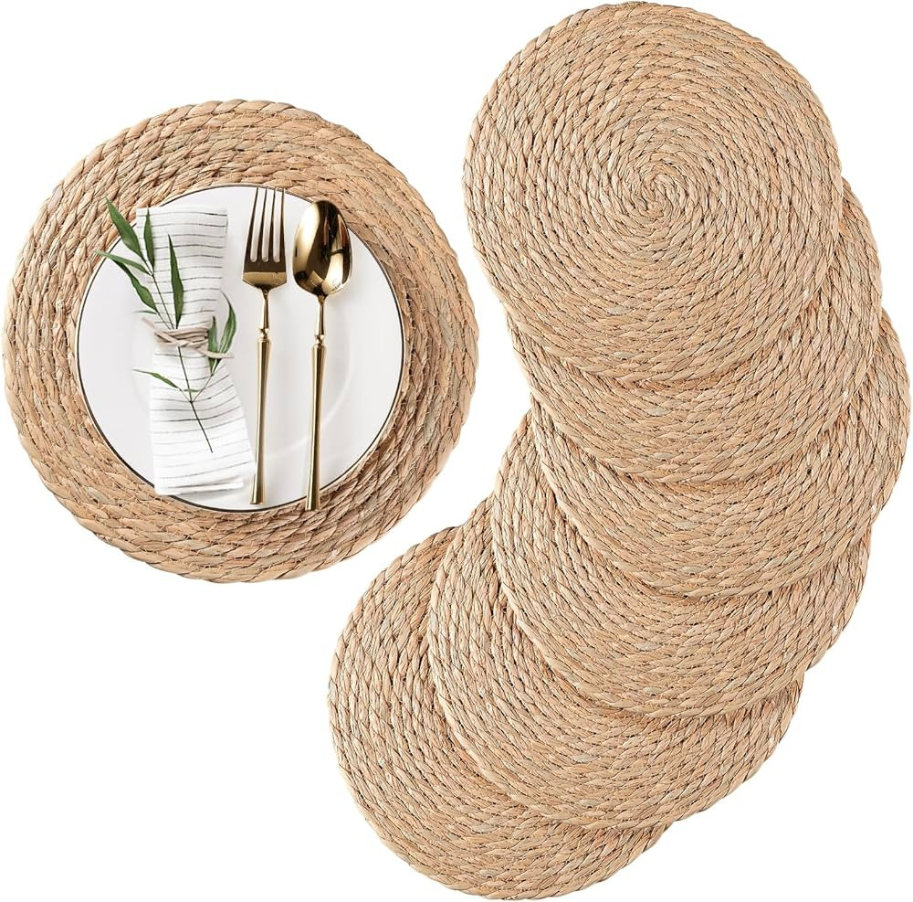 Round Woven Placemats Set of 6, Natural Water Hyacinth Place mats, 12 inch Rattan Placemats Wicke... | Amazon (US)