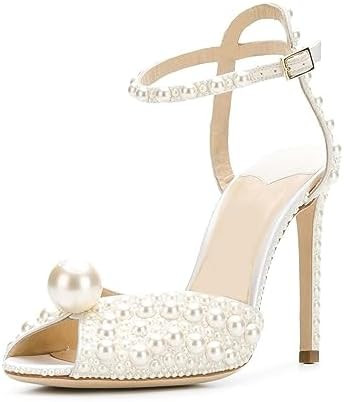 Goolita Womens Peep Toe Stiletto Heeled Sandals Shiny Pearl Buckle Ankle Strap Wedding Pumps Dres... | Amazon (US)
