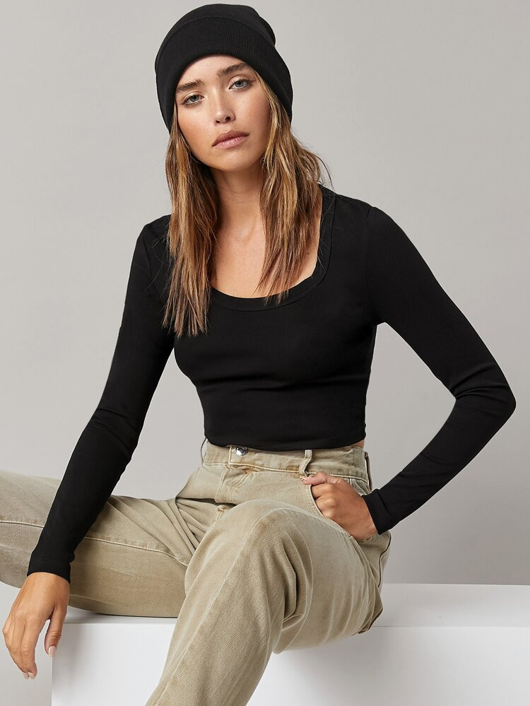 SHEIN BASICS Cotton Solid Fitted Crop Tee | SHEIN