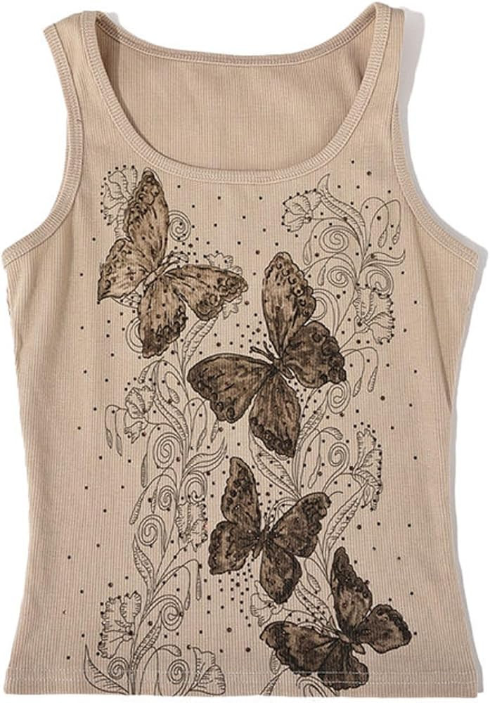 Butterfly Graphic Tank Top for Women - Y2k Aesthetic Tank Tops, Sleeveless Slim Fit Shir Crew Nec... | Amazon (US)