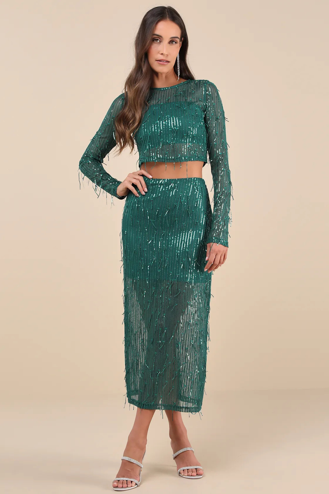 Greatest Sparkle Green Mesh Sequin Fringe Two-Piece Midi Dress | Lulus