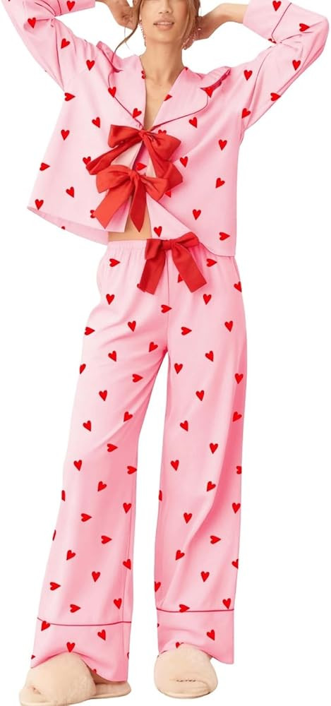 Satin Valentines Pajamas for Women Bow Tie Long Sleeve Shirt Pants Cute 2 Piece Silk Pjs Sets Hol... | Amazon (US)