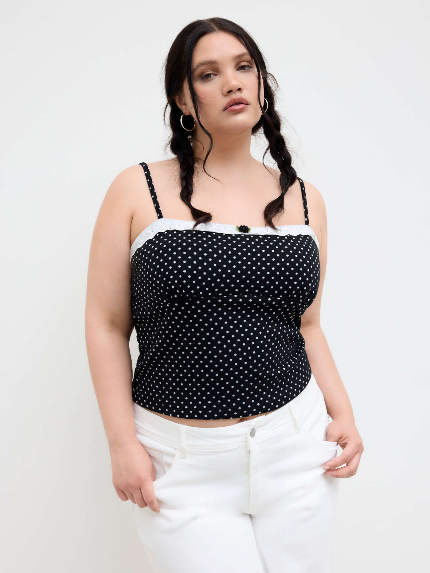 Cotton-blend Polka Dot Broderie Anglaise Trim Rose Cami Top Curve & Plus | Cider