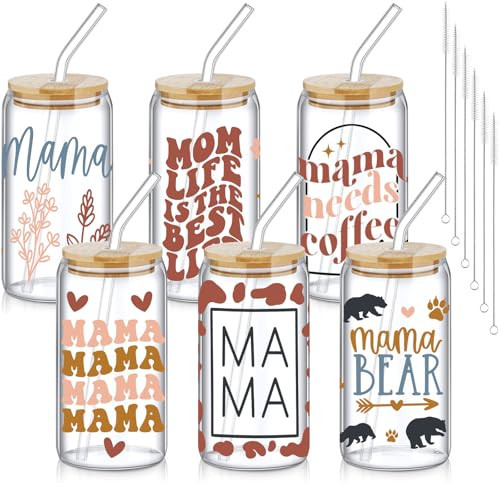 SiliFine 6 Pcs Christmas Gifts for Mom Mama 16 oz Glass Cup with Lid and Straws Clear Drinking Cup Mama Can Shaped Iced Coffee Glass for Christmas Mom Wife Women Birthday Gift | Amazon (US)